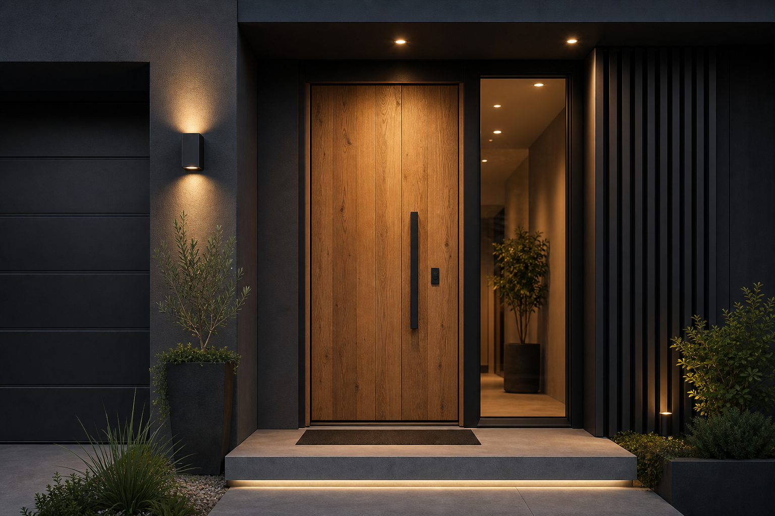 Wooden entrance door with black hardware