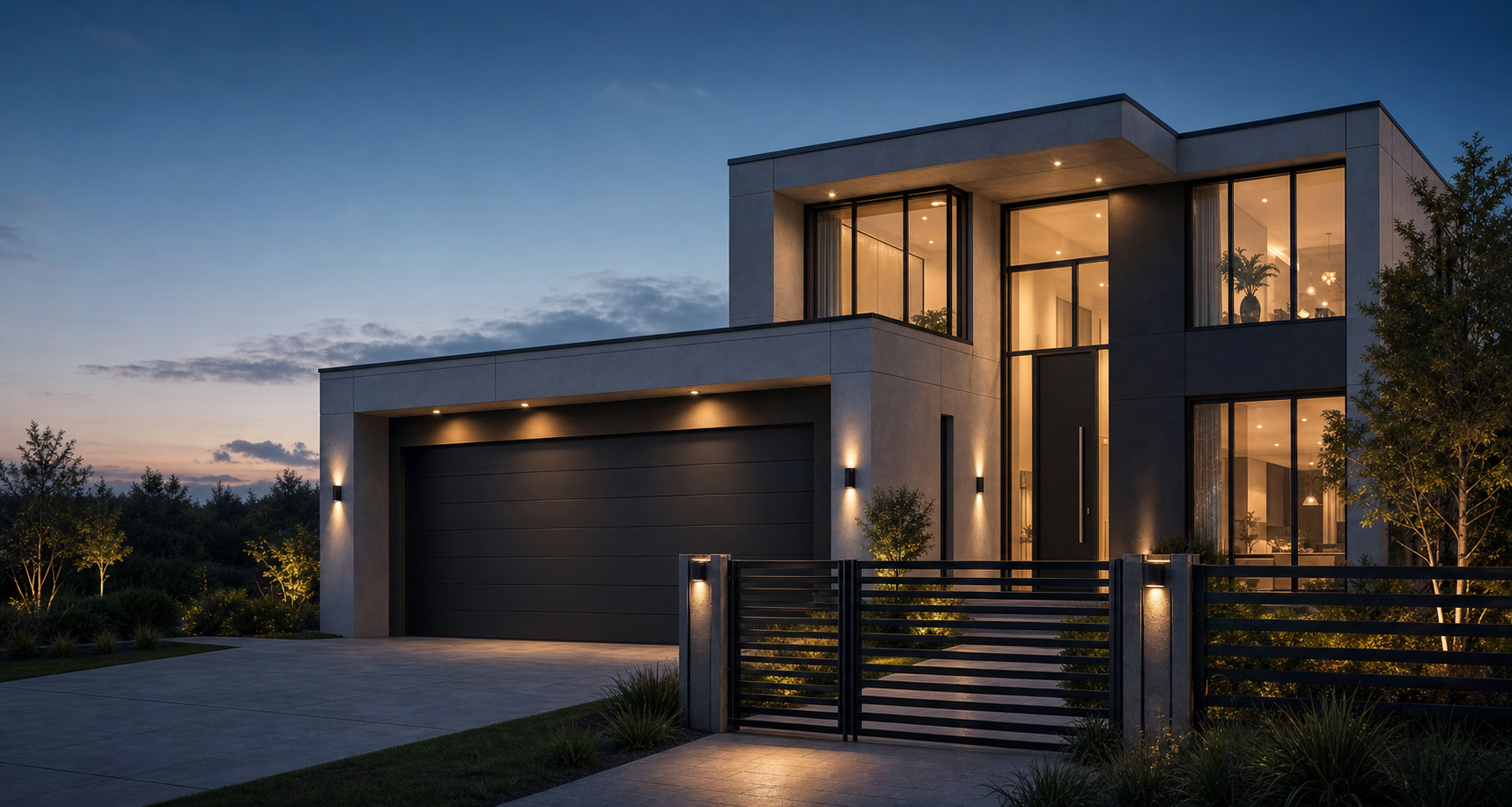 Modern home with garage door, windows, entrance door and aluminum fencing