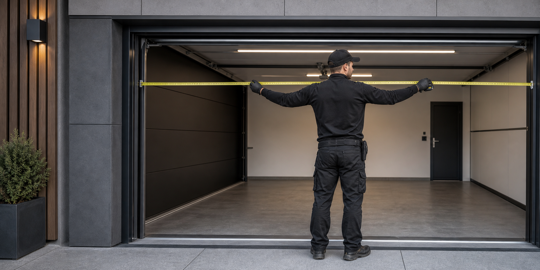 Installer measuring a modern garage opening